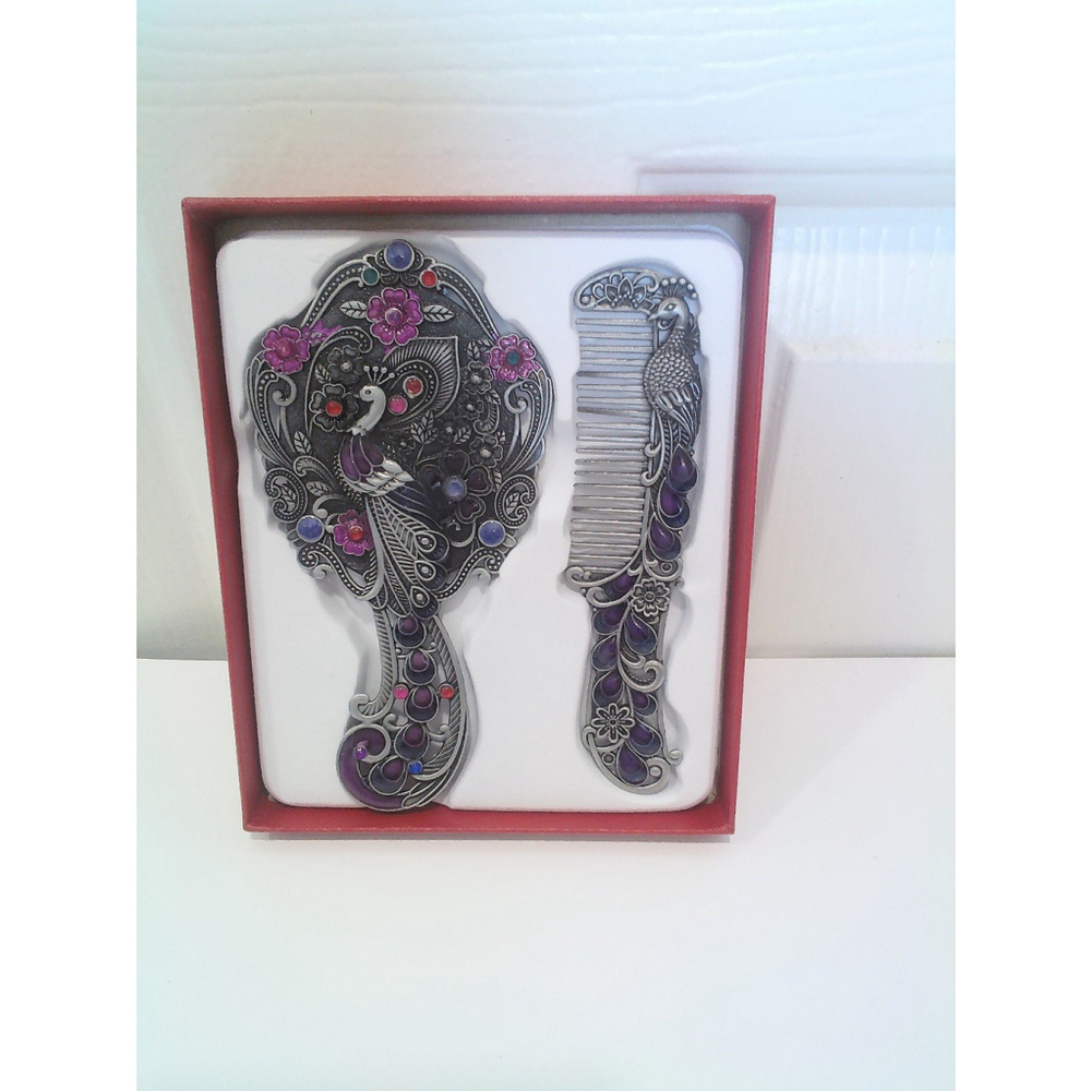 Vintage Peacock Shaped Mirror And Hair Brush Set Style D
